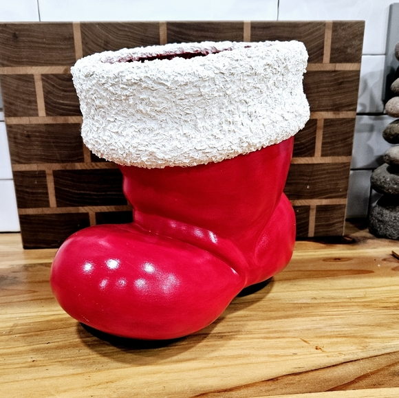 Vintage Ceramic Christmas Red Santa Boot Planter With White Trim - Picture 2 of 8